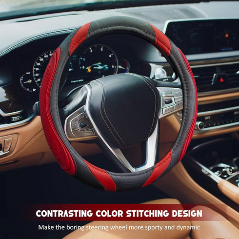 XCBYT Steering Wheel Cover - 14.5-15 Inch Car Microfiber Leather Steering Wheel Wrap Black Red Sports Fan Design Non-Slip for Man Women...