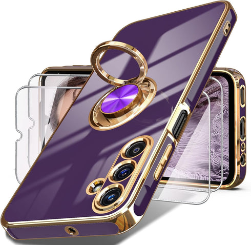 Dretal for Samsung Galaxy A15 5G Case, Screen Protector, 360° Rotatable Ring Holder Magnetic Kickstand,Plated Gold Edge Slim Soft TPU Protective P...