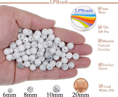 8mm Natural Matte White Howlite Round Gemstone Frosted 100Pcs Bulk Loose Beads for Jewelry Making with Stretch Beading Cord LPBeads...