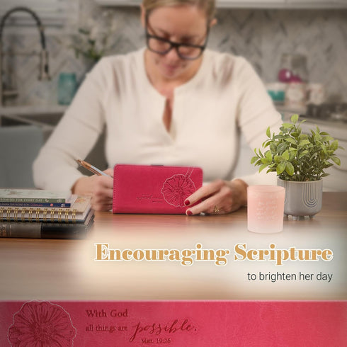 Christian Art Gifts Pink Faux Leather Checkbook Cover for Women with Inspirational Scripture - All Things Are Possible - Checkbook Cover for Dupli...