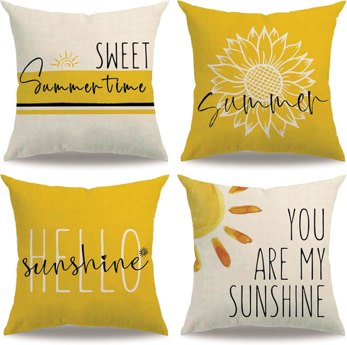 4Pack Summer Decor Pillow Covers Yellow Floral Sunflower Hello Sunshine Cushion Cover You Are My Sunshine Farmhouse Sweet Summer time Home Decor P...