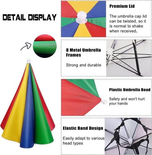 4 Pack Umbrella Hats, 20.5" Hands-Free Head Umbrella Hats for Kids, Folding Waterproof Umbrella Cap With Head Strap for Outdoor Party Fishing Sun ...