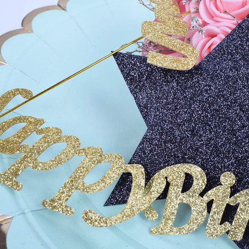 Handmade Black and Glod Glitter Pentacle Pentacle Cake Toppers Happy Birthday Cake Bunting Topper Paper, Birthday Party Decoration...