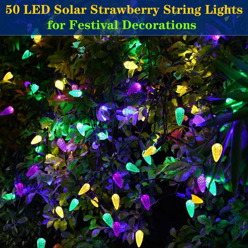 Solar Strawberry String Lights for Halloween Christmas Mardi Gras Decorations, 50 LED C6 8 Modes Solar Christmas Lights for Outdoor Mardi Gras Chr...