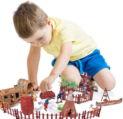 FUN LITTLE TOYS 61 PCs Wild West Cowboys and Indians Plastic Figures Toys, Toy Soldiers for Kids, Wild West Figure Playset with Horse, Tent, Army ...