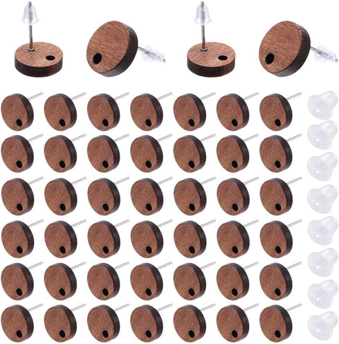 1 Box 50Pcs Wood Earring Stud Posts Wooden Earring Studs Blank Round Flat Pad Ear Studs with Ear Nuts and Loop Brown Earring Findings Posts for Je...