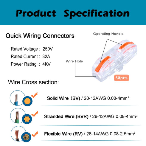 50Pcs Butt Terminals 1 to 1 Inline Electrical Lever Wire Connectors kit Compact Splicing Connector Assortment Lever Nuts Assortment Transparent Co...