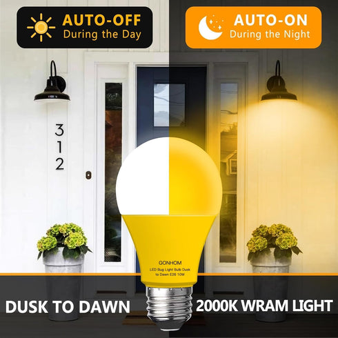 Dusk to Dawn Bug Light Bulb Outdoor,2 Pack Amber Bug Light Bulb,Auto On/Off,10W(100W Equivalent),E26 Base,Bug Lights for Outside.Home Hallway Porc...