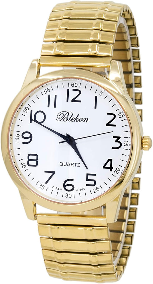 Blekon Collections Unisex Large Face Easy to Read 40mm Case Japanese Quartz Movement Stretch Band Watch (Gold)...