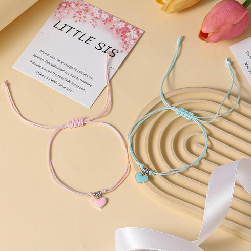 Big Sister Bracelet Little Sister Bracelet set 2, Big Sister Gift, Big Sister Gifts for Sisters from Little Girls, Pink Lake Blue Wax Thread Woven...