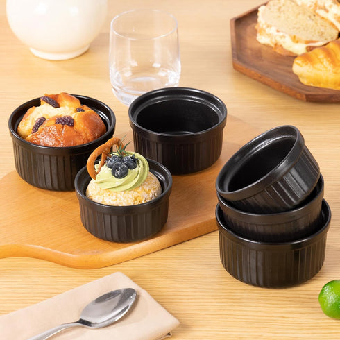 Yachi Ramekins Black, 4 oz 6 Pieces Ceramic Baking Ramekin Set of 6 Stoneware Bakeware Serving for Sauces Dipping Onion Soup Lava Cake Flan Creme ...