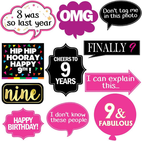 9th Birthday Photo Booth Party Props - 40 Pieces - Funny Kids Birthday Party Supplies, Decorations and Favors...