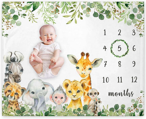 Safari Animals Milestone Blanket, Jungle Baby Growth Chart Monthly Blanket, Watch Me Grow Jungle Wild Baby Nursery for New Moms Baby Shower(50"x40...