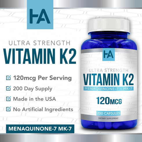 Vitamin K2 MK-7 120 MCG - 200 Vegetarian Capsules (Non-GMO & Gluten Free)...