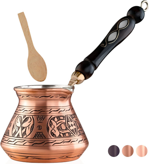 BCS 12 Oz Copper Turkish Greek Arabic Coffee Pot with Wooden Handle (4 servings) Cezve Ibrik Briki Stovetop Coffee Maker (Includes Wooden Spoon)...