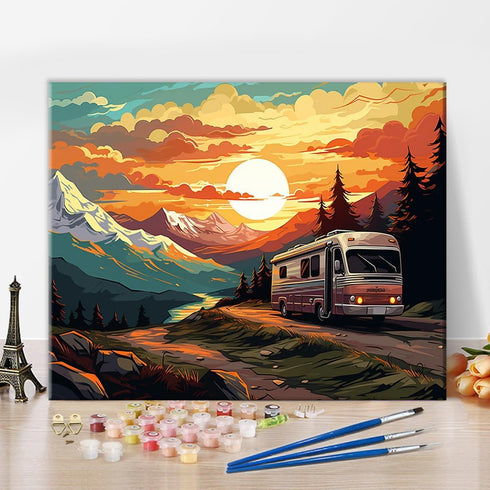 DIY Bus Paint by Number for Adult, Sunset in the Mountains Paint by Numbers, Nature Landscape Adult Paint by Numbers Kits on Canvas, 16X20 Inch Su...
