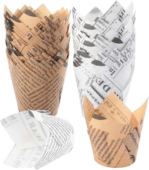 200pcs Tulip Cupcake & Muffin Tins Liners, 2” Standard Newspaper Pattern Paper Baking Cups Nature and White...
