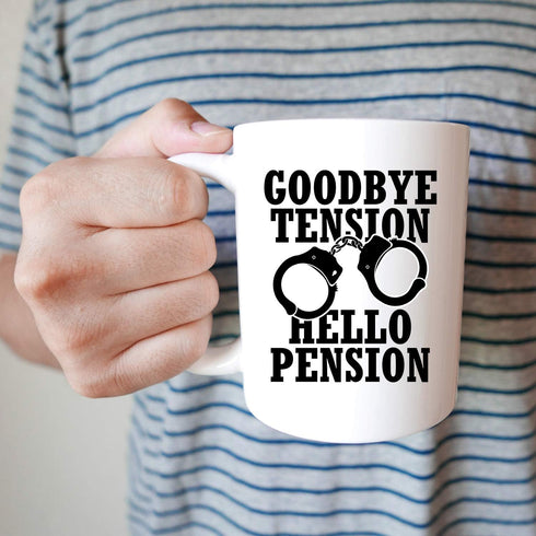 YouNique Designs Goodbye Tension Hello Pension - 11 Oz Portable Coffee Mug, Police Officer Retirement Gift for Men Women, Correctional Officer Cup...