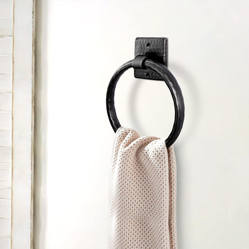 Monarch Abode 19131 Round Towel Ring Holder - Hand Hammered Wall Mount Bathroom & Kitchen Storage - Metal Towel Hanger - 7 Inch Matte Black - Rust...
