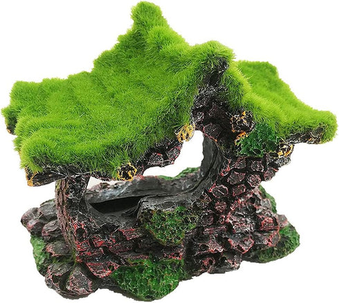 Aquarium Decoration House Resin Hollow Hideout House, Fish Tank Accessories Cave Ornament Tank Small Fish Hideaway with Moss...
