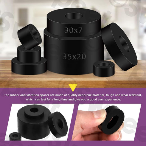 Swpeet 50Pcs 7 Sizes Round Rubber Spacer Assortment Kit, 5/6/8/10mm Anti Vibration Black Rubber Washers Kit, Neoprene Spacer Multi Purpose Thick R...