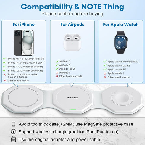 3 in 1 Wireless Charger for iPhone MagSafe Foldable - Magnetic Travel 18W Fast Charging Station Soft Silicone Sleep-Friendly Portable Charger Stan...