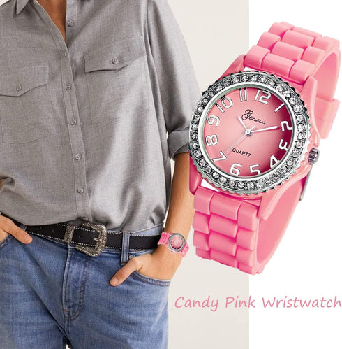 Lancardo Silicone Ceramic Style Pink Wrist Watch Silver Trim and Sparkly Rhinestones Surround Bezel Women's Wristwatch...