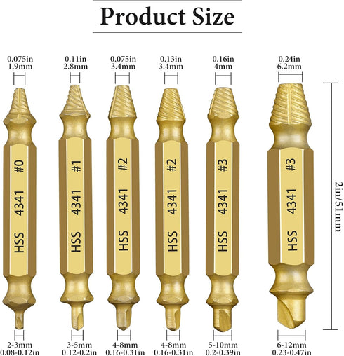 6 Pieces Gold Screw Extractor Kit,HSS 4341 Damaged Screw Extractor Set,Remover for Stripped Head Screws Nuts & Bolts Drill Bit Tools...