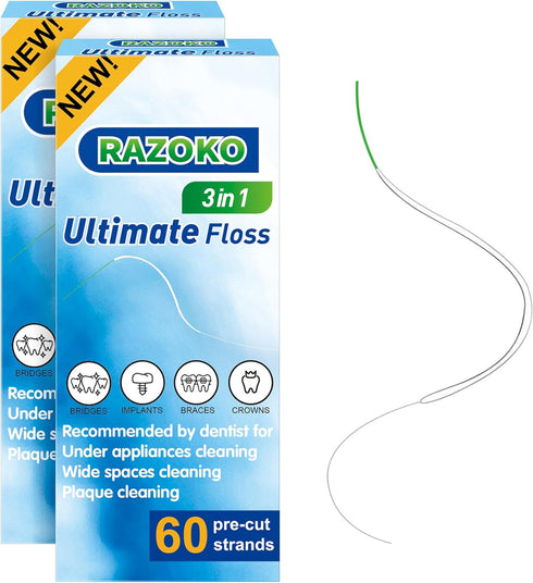 RAZOKO Dental Floss for Braces, 3 in 1 Ultimate Floss Pre-Cut Strands, 60 Count (Pack of 2)...