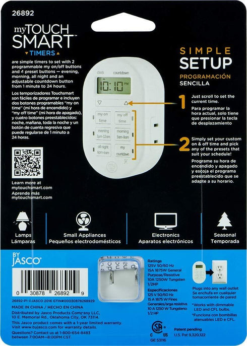 myTouchSmart Indoor Digital Timer, 1-Outlet Polarized (2-Prong) Plug-In, 26892......