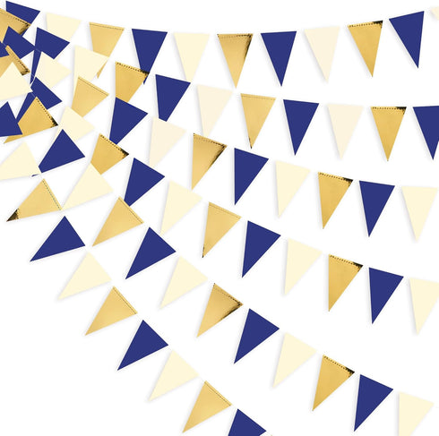 30Ft Navy Blue Gold and Beige Party Decorations Royal Blue Gold Triangle Flag Pennant Banner Bunting for Graduation Birthday Wedding Bridal Shower...