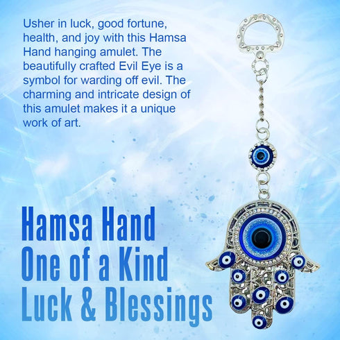 LUCKBOOSTIUM Hamsa Hand Amulet Pendant w/Crystal Rhinestones - Blue, White & Black Evil Eye Car Hanging Ornament - Rear View Mirror Accessories - ...