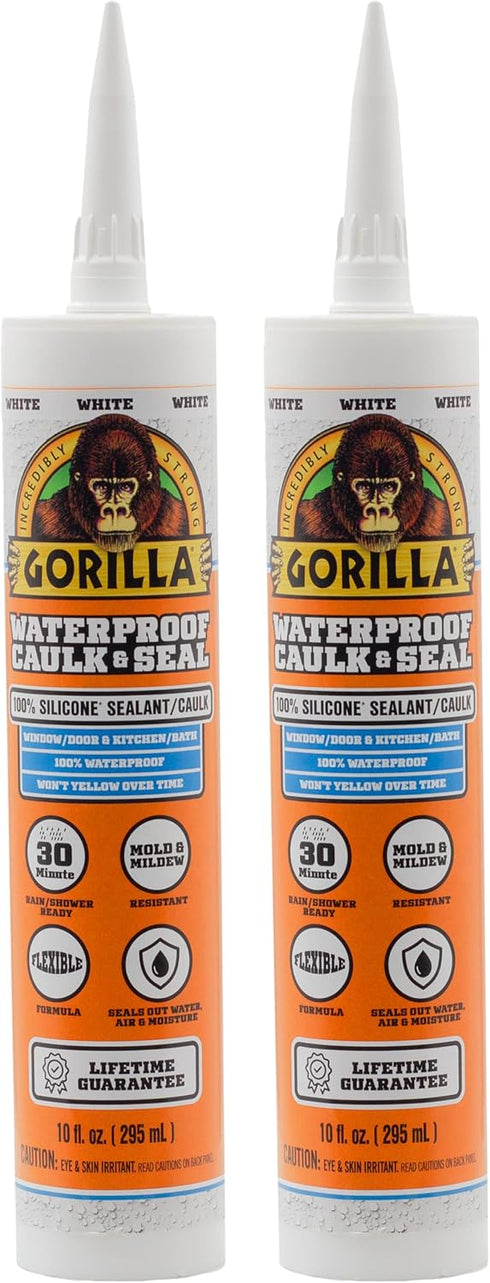 Gorilla Waterproof Caulk & Seal 100% Silicone Sealant Caulk, All Purpose, White, 10oz Cartridge (Pack of 2)...