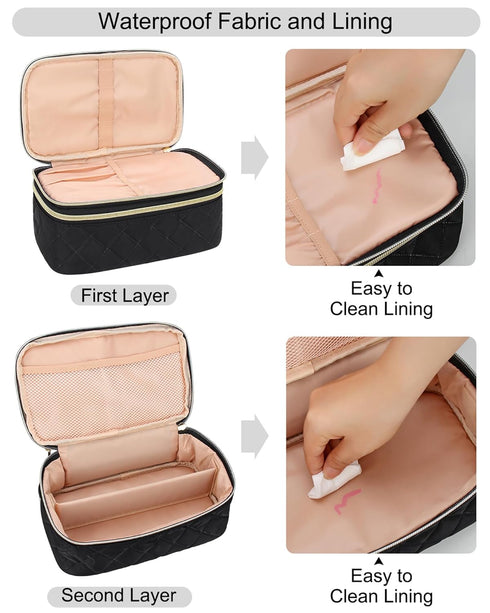 Relavel Travel Makeup Bag, Compact Cosmetic Bag for Women, Waterproof Makeup Brush Holder Organizer with Adjustable Dividers (Black)...