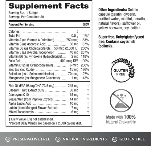 EyePromise Screen Shield All-in-One Eye Vitamin | Omega–3 Fish Oil, Bilberry, Lutein, Zeaxanthin, Vitamins A, C, B12, Zinc | 30 Count, Easy-Swallo...