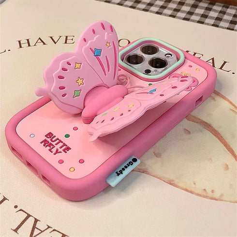 for iPhone 15 Pro Case Cute iPhone 14 Pro Case iPhone 13 Pro Case with Kickstand Stand Holder 3D Butterfly Silicone Girls Women Phone Cases Lens S...
