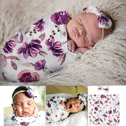 Baby Swaddle Blanket Newborn Girl Swaddle and Headband Set Purple Flowers Floral Print Wrap Shower Gift...