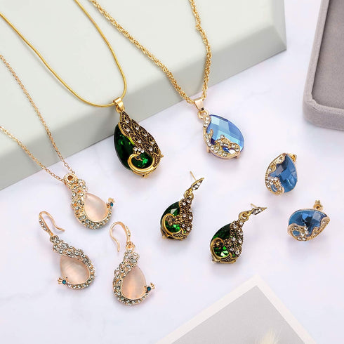 Hicarer 6 Pieces Jewelry Sets for Women Elegant Necklace Set Peacock Waterdrop Rhinestone Pendant Necklace Crystal Peacock Pattern Necklace Earrin...