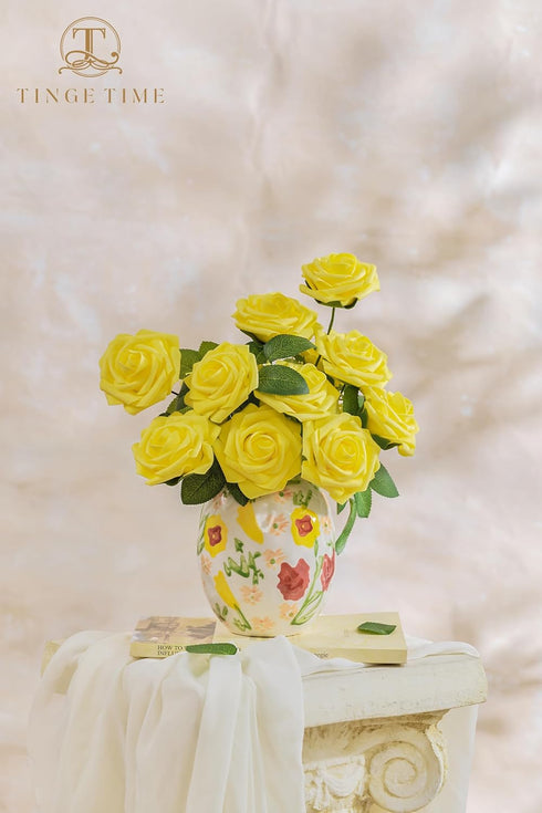 TINGE TIME Yellow Flowers Artificial Rose 25pcs Realistic Fake Roses for DIY Wedding Bouquet Baby Shower Centerpiece Floral Arrangement Party Home...