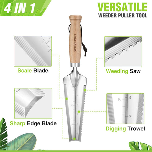 WORKPRO 12.5" Weeder Puller Tool with Wood Handle, 4-in-1 Polished Stainless Steel Garden Trowel, Hori Hori Garden Knife for Easy Weeder Removal, ...