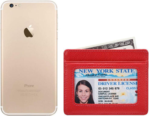 womens Credit Holder Genuine Leather Slim Minimalist Card Case Wallet, Red With Id Window, Classic US...
