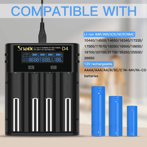18650 Battery Charger, Snado Universal Smart Charger LCD Display for 3.7v Lithium ion Rechargeable Batteries 18650 21700 18490 17500 16340 14500 R...