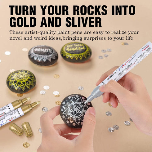 Paint Pen 3 Gold & 3 Silver Metallic Permanent Acrylic Markers Set for Fabric Glass Plastic Rock Wood Ceramic Leather Tire Painting, Medium Tip Fa...