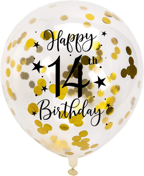 Gold 14th Confetti Latex Balloons, Girls or Boys Happy 14 Years Birthday Party Balloon Decoration With Confetti, 12in, 16 Pack...