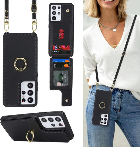 for Samsung Galaxy S21 Ultra Case with Card Holder and Strap for Women,Crossbody Lanyard,Ring Stand,Snap Clasp,Phone Wallet Cases 6.8 inch(Black)....
