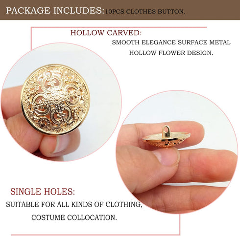 10pcs Clothes Button,Hollow Carved Metal Buttons,DIY Sewing Craft Discover Buttons,Engraving Openwork Metal Shank Buttons(25mm/1Inch,Light Gold)...