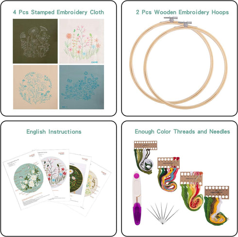 Embroidery Starters Kit with Pattern for Beginners, 4 Pack Cross Stitch Kits, 2 Wooden Embroidery Hoops,Scissors,Needles and Color Threads,Needlep...