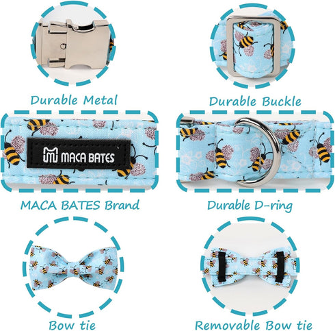 Maca Bates Blue Bee Dog Collar with Bow Bowtie for Dogs Bow Tie Adjustable Breakaway Blue Collars Accessories Birthday Gift for Small Medium Large...