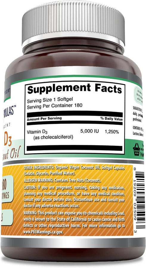 Amazing Formulas? Vitamin D3 with Coconut Oil Supplement | ?5000 ?IU Per Serving | 180 Softgels | Non-GMO | Gluten Free | Made in USA...