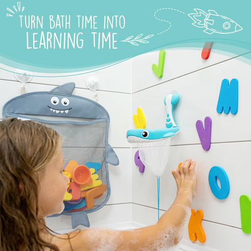 Comfylife Baby Bath Toy Organizer - Shark +36 Bath Letters & Numbers +Extra Bath Toy Storage Net & 10 Strong Hooks, Great Bath Net for Kids, Cute ...